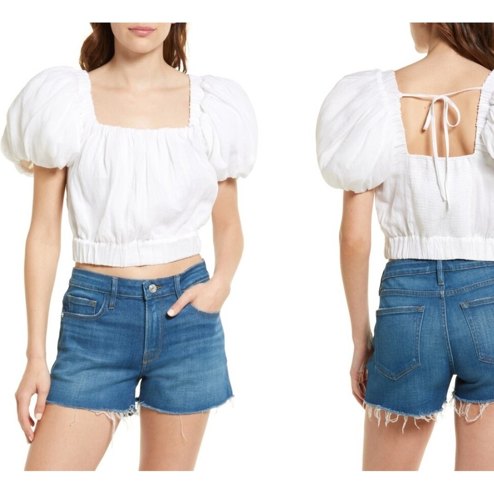 New $347 FRAME SIZE M Ruched Crop Puff Sleeve Blouse In Blanc Top White Shirt